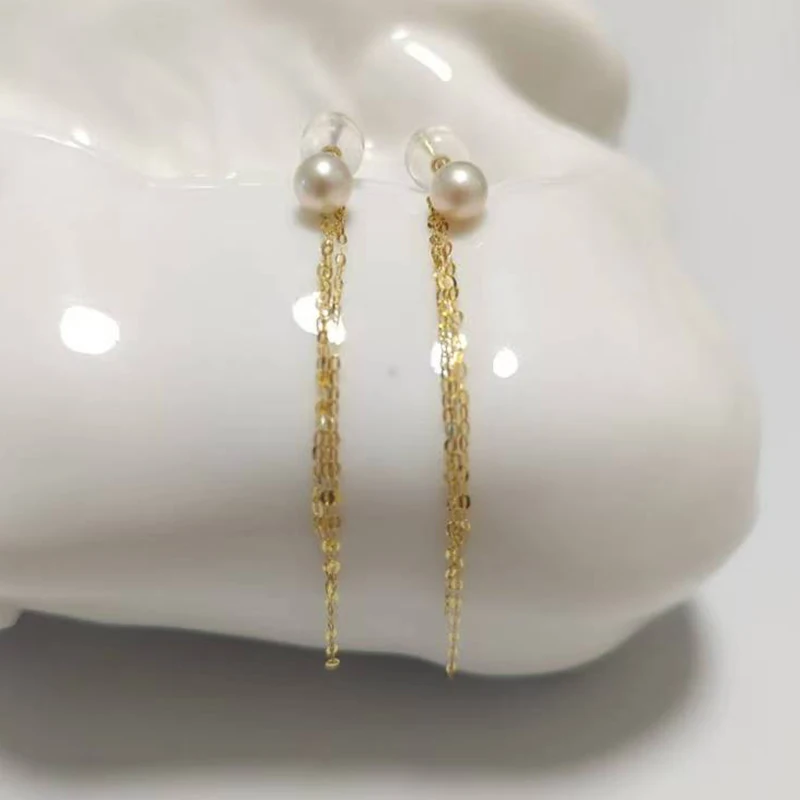 Boutique Jewelry 18K Gold Natural Freshwater Pearl Pure Earrings AU750 Classic Fashion Tassel Design Women's Gift E0064