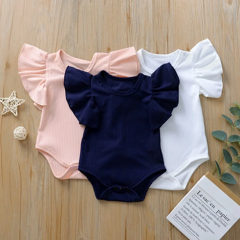 0-18months Baby Girl Bodysuit Ruffle Short Sleeve Solid Black Pink White Summer Playsuits For Infant Girls
