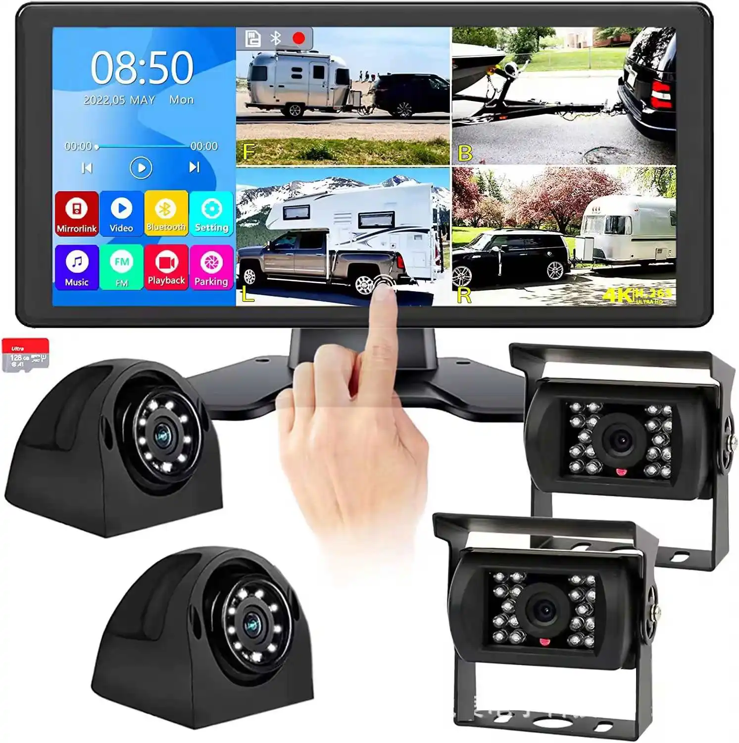 Airow auto 10.36 Inch 4K Touch Screen Quad Split DVR Monitor with Waterproof Night Vision Camera for RV Truck and Van