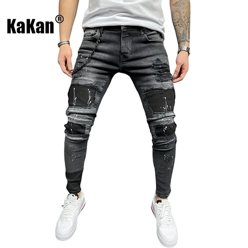 

Kakan - New Men's Perforated Printed Jeans, Y2k Clothes with Elastic Small Leg Long Jeans, Jeans Man Brand