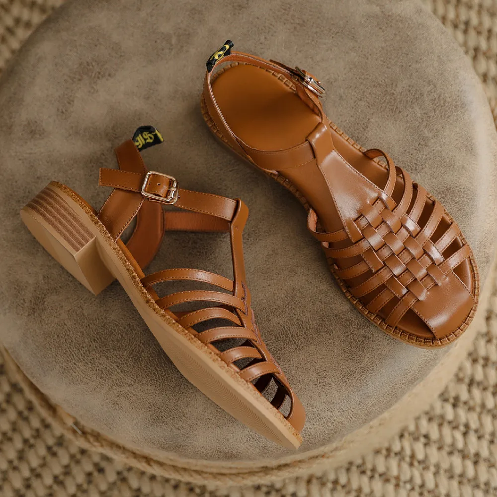 Women\'s Roma style narrow band braided t-strap sandals cow leather round toe hollow-out breathable summer flats shoes for women
