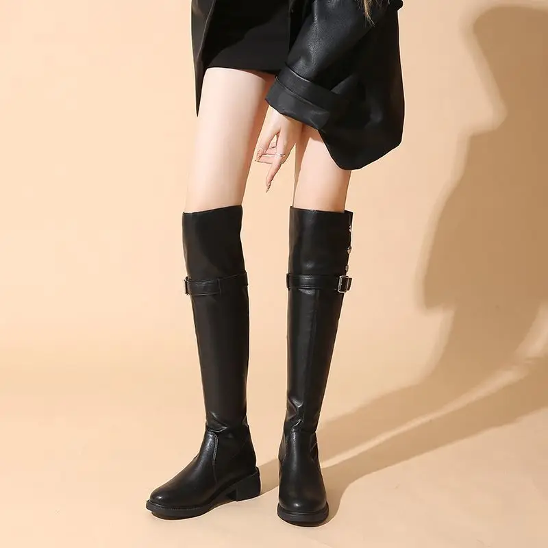 

Women's New 2025 Autumn Winter Fleece Lined Over The Knee Boots Chunky Heel Leather Slimming Korean Trend Eye Catching Boots