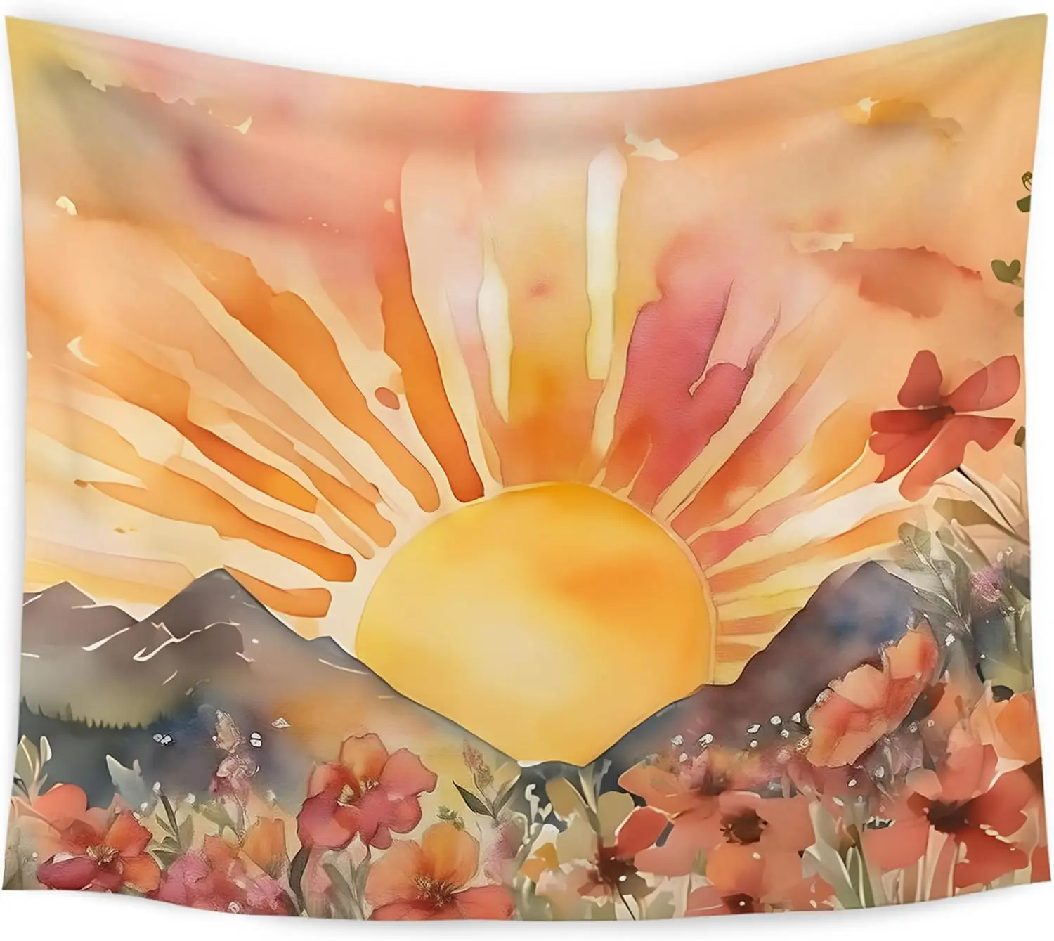 Sunset Mountain Tapestry - Watercolor Flower Wall Art, Boho Nature Decor, Warm Tone Bedroom, Multiple Sizes