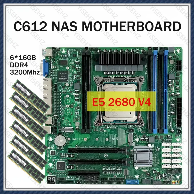 New C612 Nas Motherboard Kit E5 2680 V4 DDR4 6*16=96GB For Servers Firewalls Vpn Virtual Machines Routers 4x2.5GE 10xSATA Raid