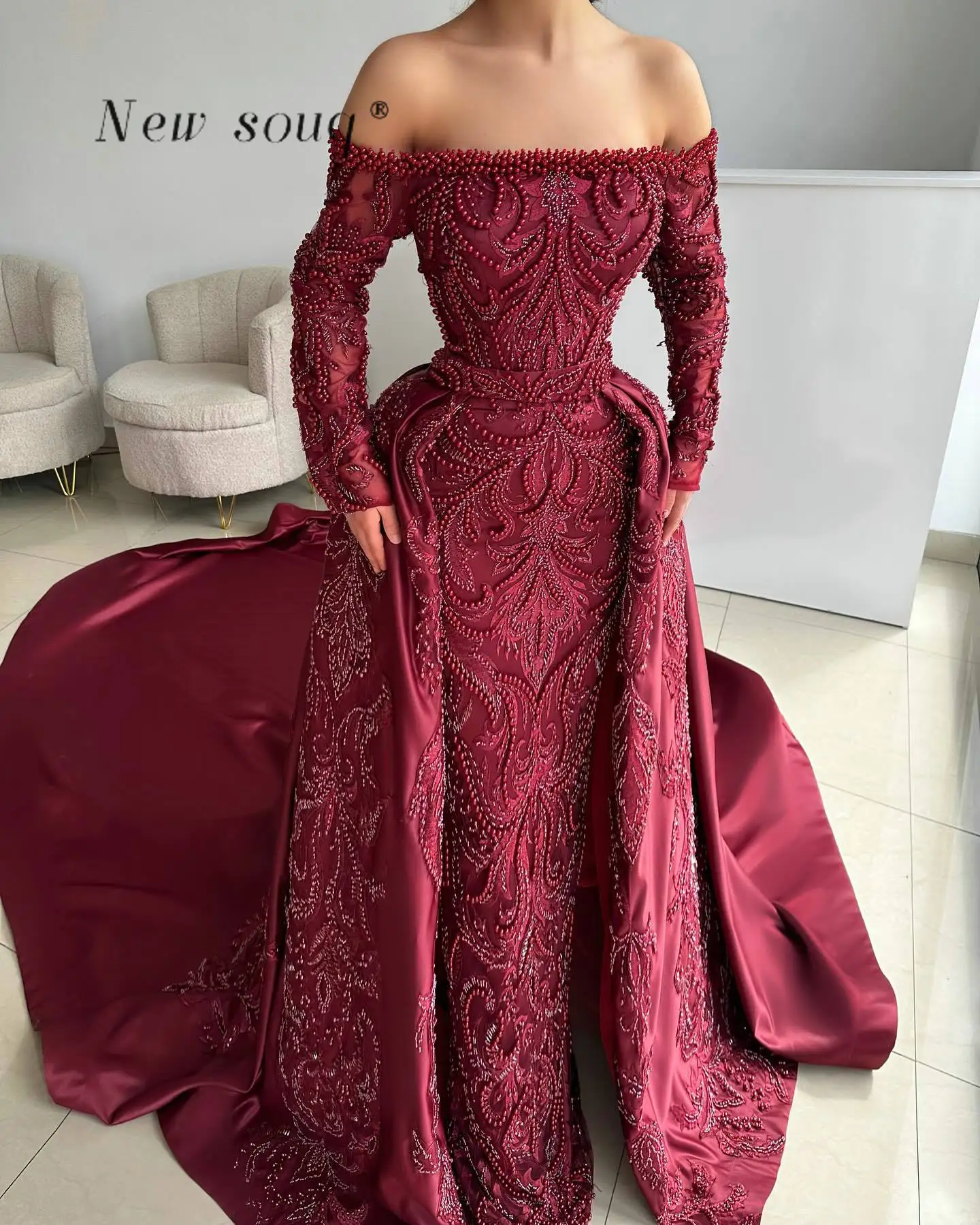 

Elegant Burgundy Pearls Beaded Off Shoulder Long Sleeves Evening Dresses with Detachable Overskirts Customized Formal Gowns