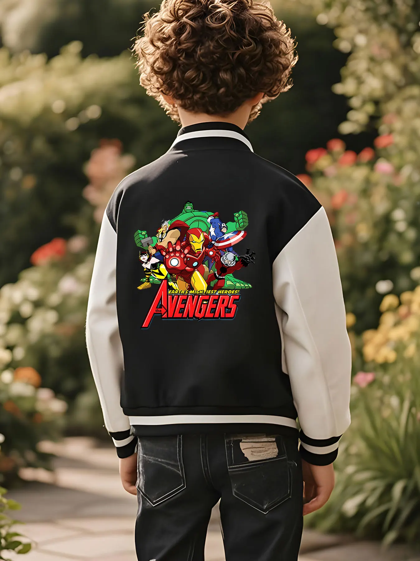 سترة بيسبول MINISO Marvel Avengers Hero Boys - طباعة بطل المنتقمون، على الوجهين لنقل قوة الفريق، عصرية و ea