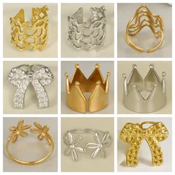 5pcs Vintage Personality Coral Stainless Steel Gold/Silver Color Mix Ring Crown Flower Open Adjustable High Quality Accessories