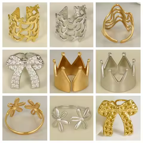 5pcs Vintage Personality Coral Stainless Steel Gold/Silver Color Mix Ring Crown Flower Open Adjustable High Quality Accessories