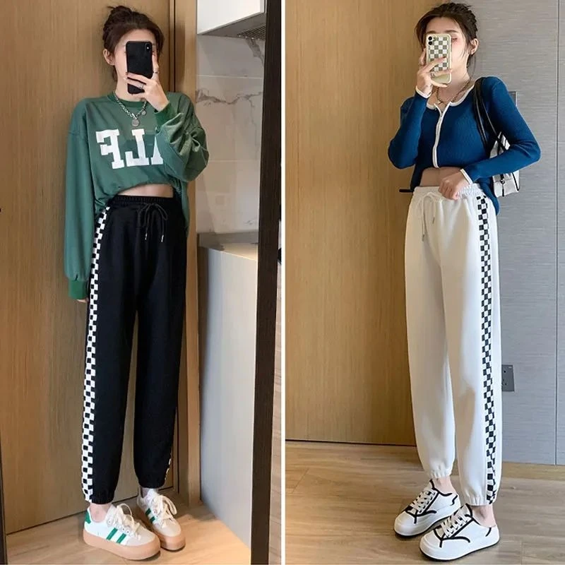 Summer Thin Plaid Pattern Sweatpants Women Loose High Waist Bundled Hem Harem Casual Pants Fashion
