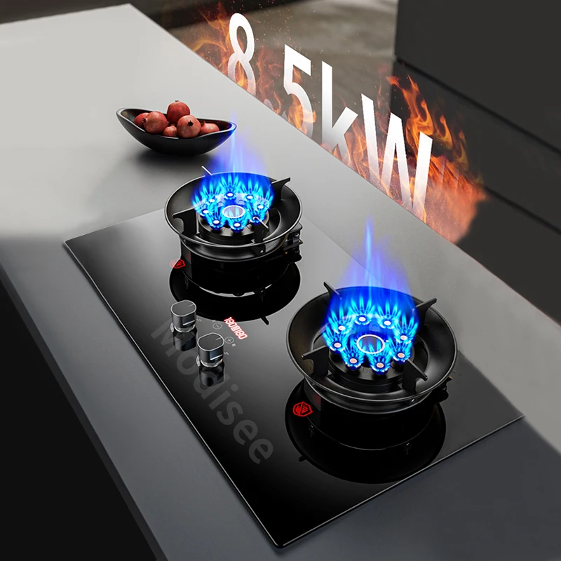 Dual-Use Gas Panels Gas Cooktop Stove Dual Head 4.8-8.5KW Kitchen Embedded Natural Gas/LPG Timing Stove Home Cooker Desktop