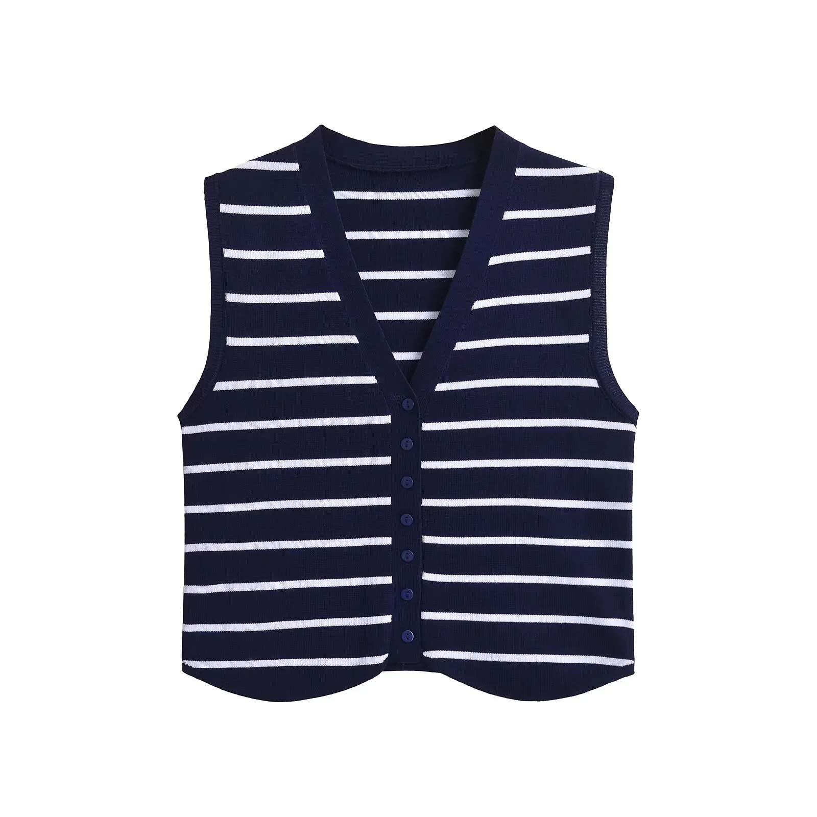 TRAF Female Button Knitted Striped Vest 2024 Summer Women Fashion V-Neck Female Casual Versatile Sleeveless Tank Top