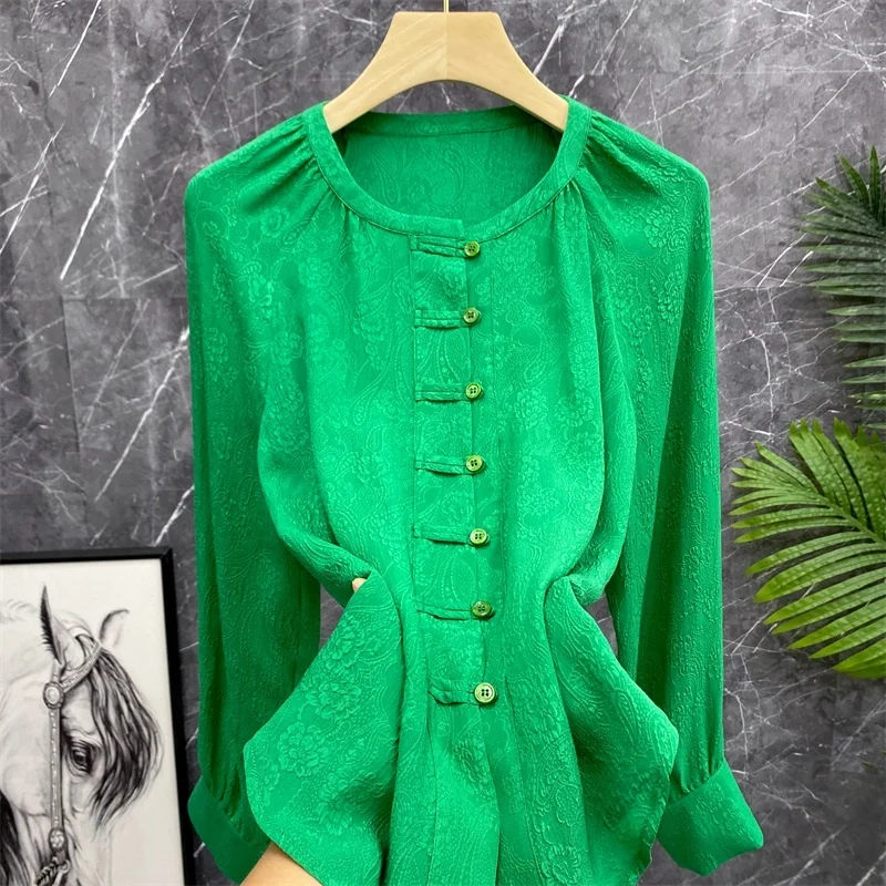 

Элегантная новая шелковая рубашка в китайском стиле из натурального шелка Фрагрант Клауд с цветочным узором, круглым вырезом, на одной пуговице, с длинным рукавом