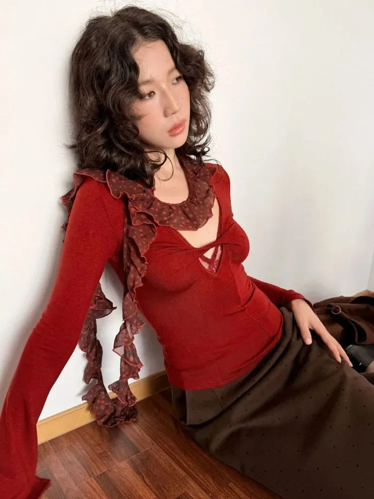 Sexy Lace Spliced Hollow Out Twist V Neck T-shirt Women Retro Slim Fit Long Sleeve Base Tops Simple Spicy Girl Y2k Tees