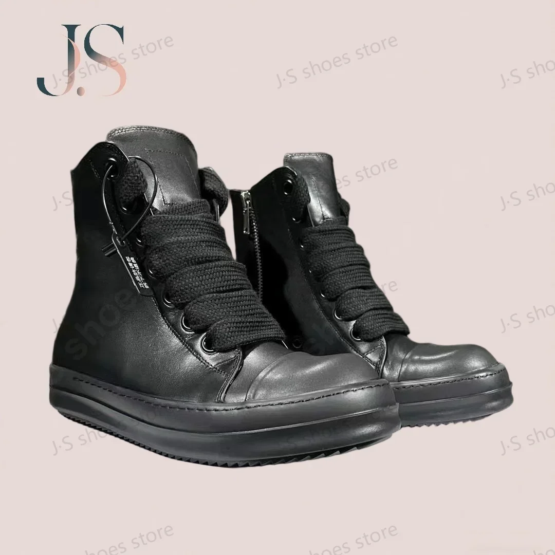 

R-o Luxury Men Sneaker Black Leather High Top Shoe Women Boots Jumbo Laces Casual Shoes Black Cowhide Sneakers Ankle Boot