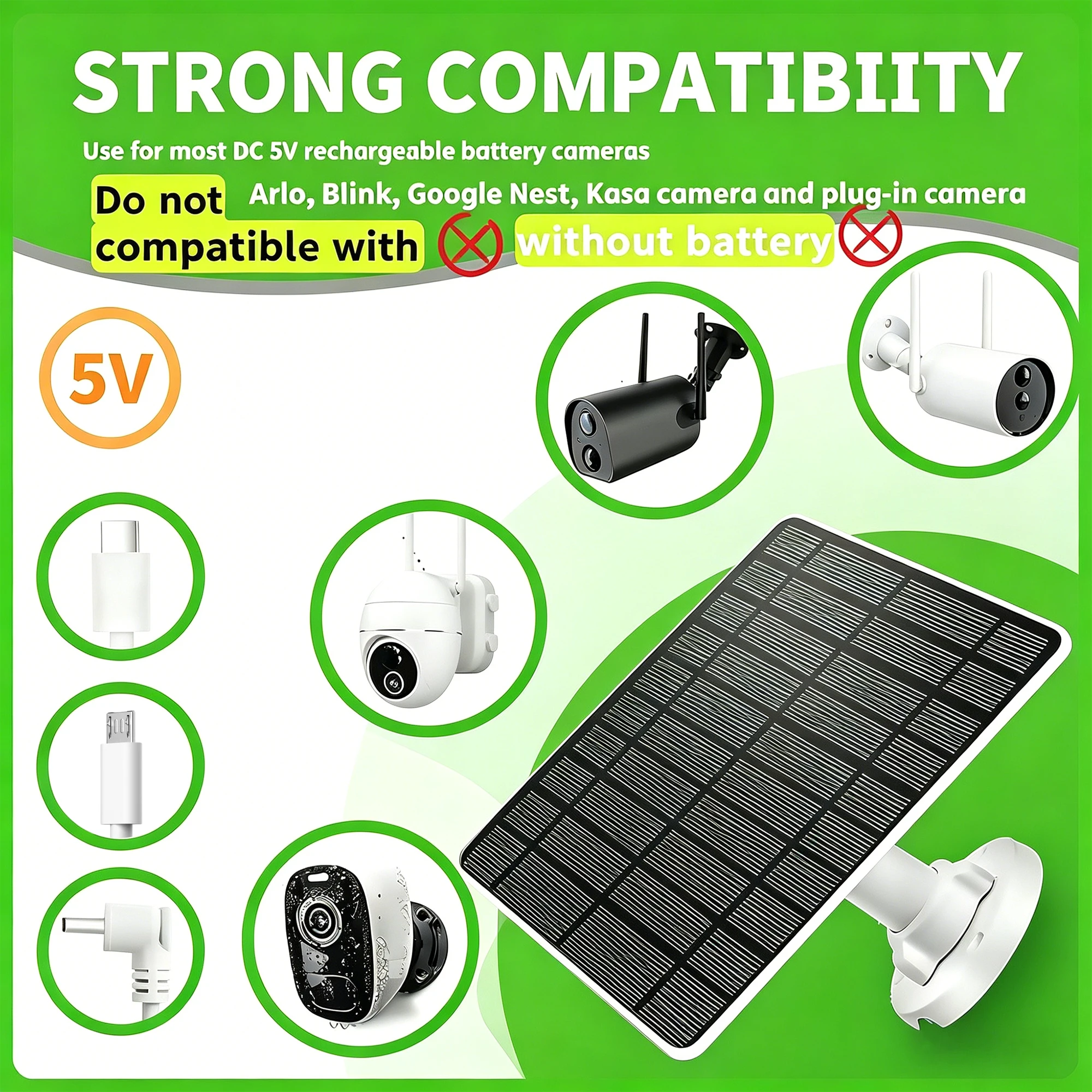 15W Solar Panel for Security Camera USB-C/DC/Micro USB Camera Solar Panel Charger Waterproof 360°Adjustable For EufyCam/Wyze Cam