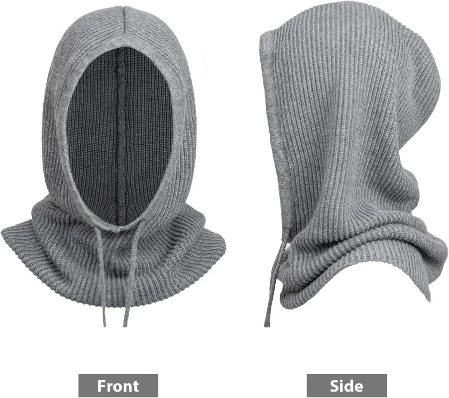Winter Hats for Men Balaclava Knit Hats with Drawstring Warm Hooded Scarf Hat Solid Color Neck Collar Knitted Pullover Beanies