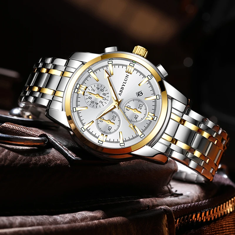 ABBYLUN 824 Men Quartz Watch Luxury Leisure Business Shockproof Analog Date Stainless Steel Strap Wrist Watch for Male Gift