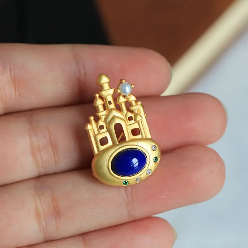 

Original Design Inlaid Lapis Lazuli Pearl Castle Brooch Mini Small Necklace Exquisite Court Style Childlike Women's Jewelry