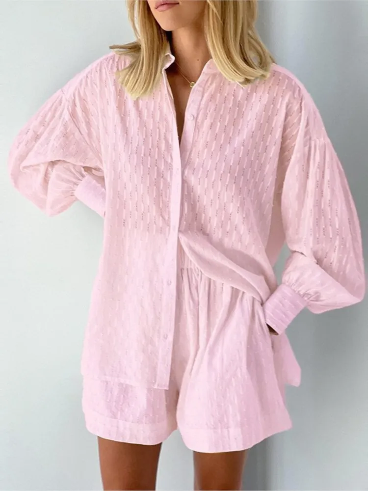 Summer Two-piece Set Of Solid Color Jacquard Puff Sleeve Shirt + Shorts Sets Casual Commuting And Office Daily 2-pieces Outfit
