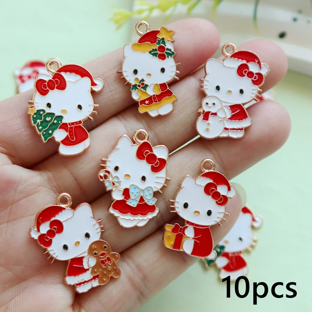 

10pcs Sanrio Hello Kitty Christmas Alloy Enamel Pendant DIY Favors Jewelry Making Keychain Craft Supplies Decorative Accessories