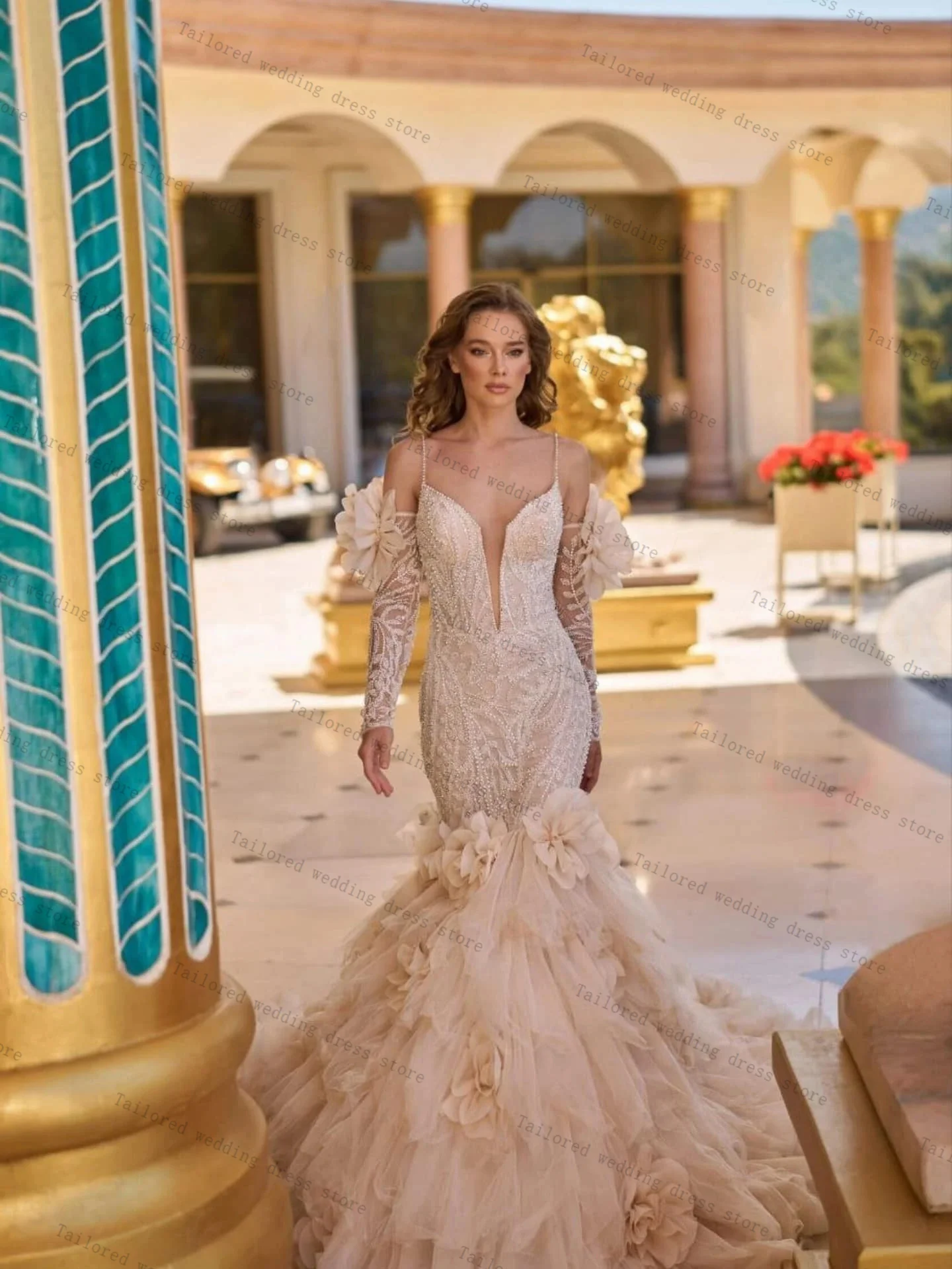 

Luxury Beige Women Wedding Dresses Sexy Stripe Sleeveless Ruffles Ruch Train Bridal Evening Gown Customized Lace Up Back Robe