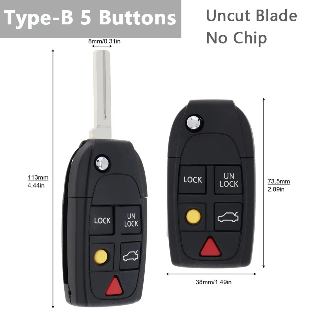 5 Buttons Flip Remote Key Case FOB Replacement Fit for VOLVO S80 1999-2006 / S60 2000-2009 /  V70 2000-2007 XC90 2002-2013