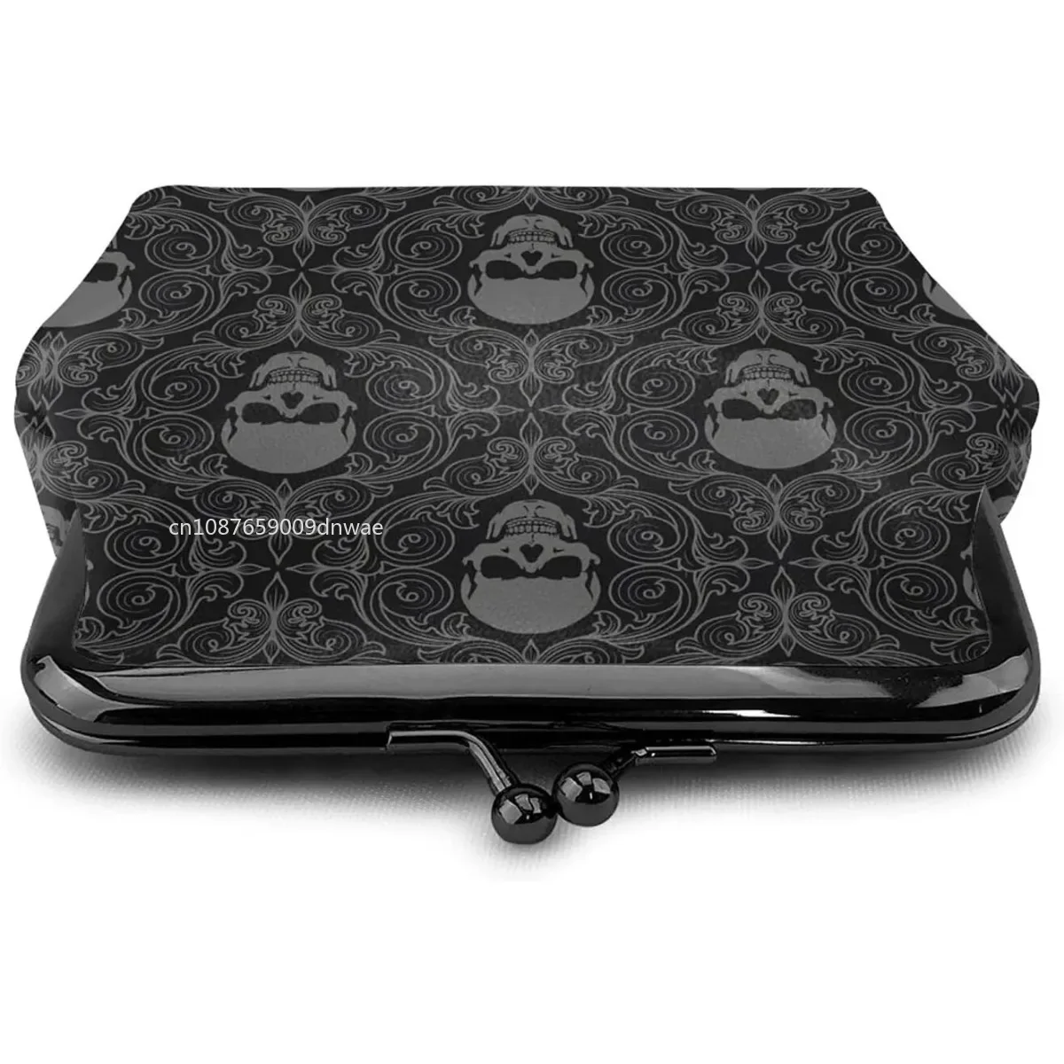 Women'S Wallet Gothic Wallpaper For Walls Skull Damask Buckle Leather Coin Purses Pouch Kiss-Lock Change Travel Makeup Wallets