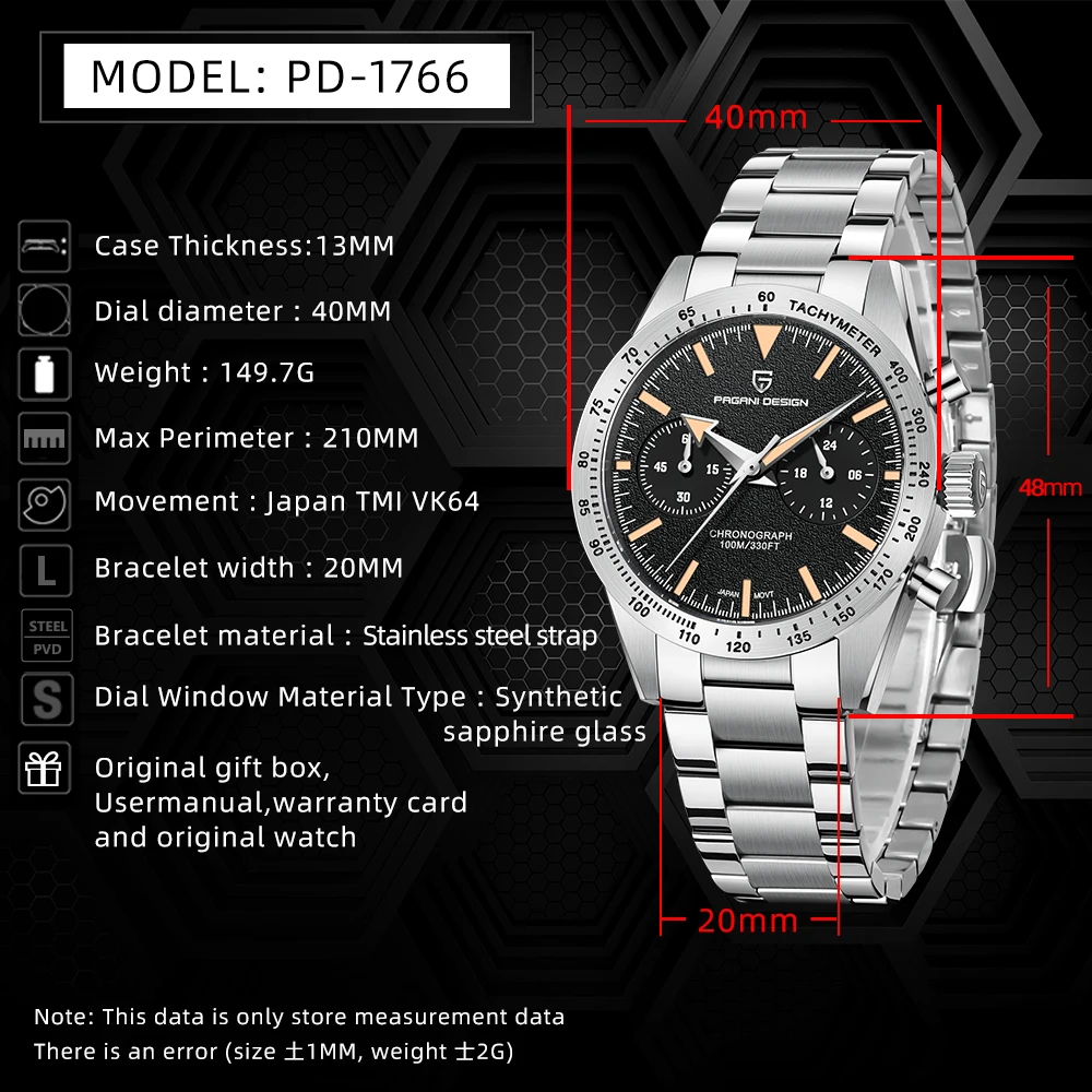 PAGANI uco-Montre à quartz rétro Moon pour homme, montre-bracelet chronographe de vitesse sport, horloge en verre saphir, VK64 AR, luxe, nouveau, 2024