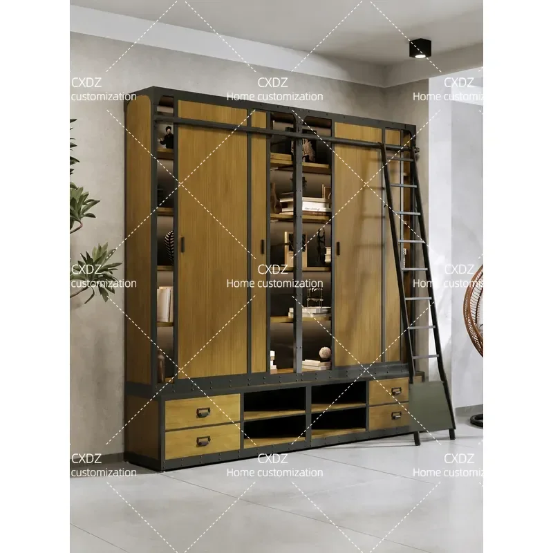 Industrial style bookcase with cabinet door, living room wrought iron solid wood dust-proof bookshelf, floor-to-ceiling