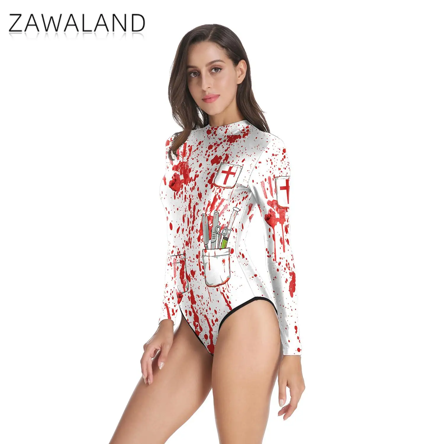 

Zawaland Swimwear Women One Piece Halloween Terror Bloodshed 3D Printed Long Sleeve Bodysuit Costumes Swimsuit Bathing Suit