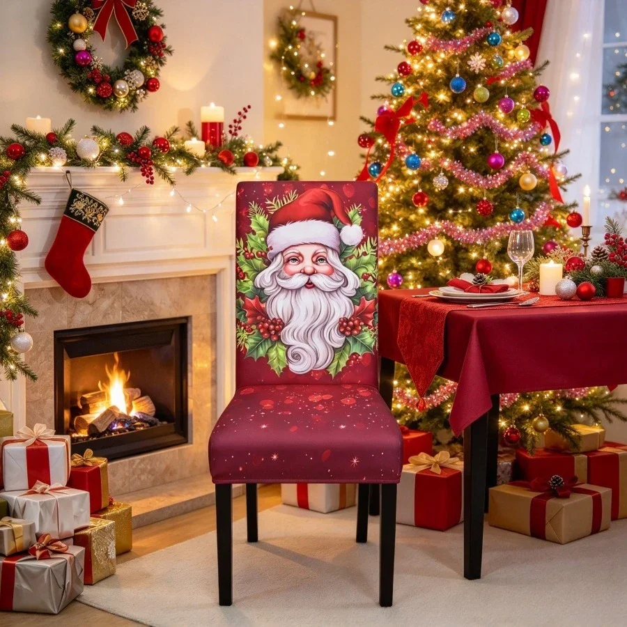 Festive Christmas Chair Covers Seat Protectors for Holiday Party Dining Room Kitchen Hotel Living Room Decor Slipcovers Xmas Set