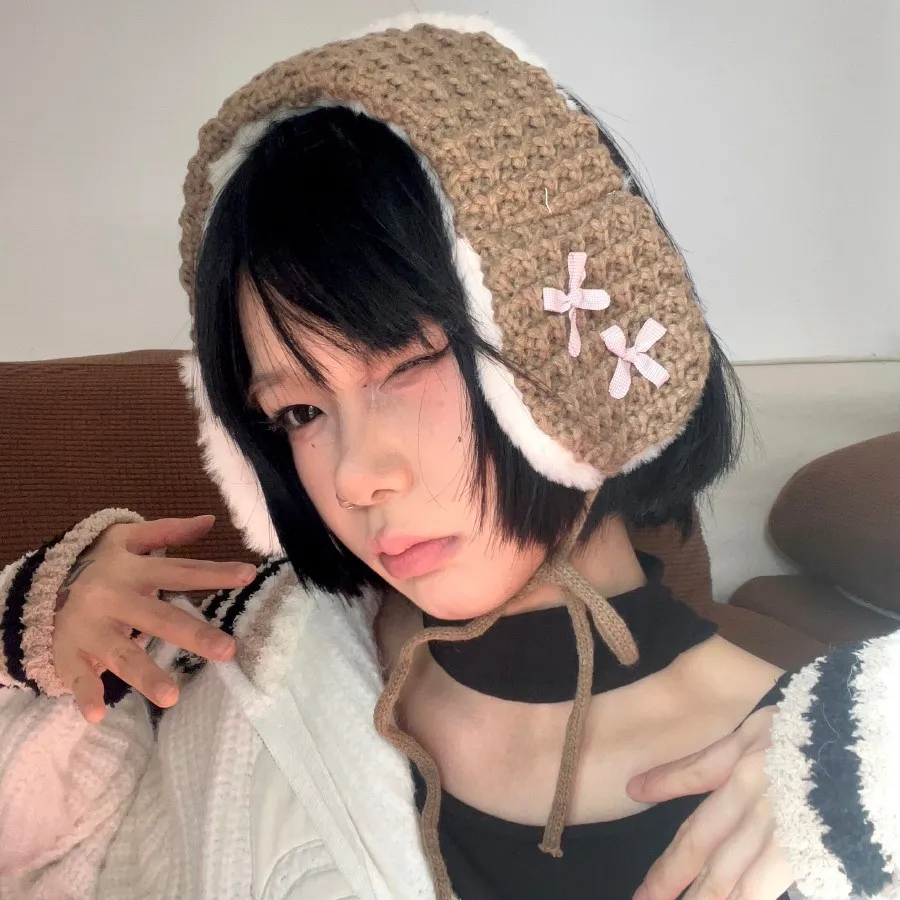 جديد محبوك التعادل متابعة غطاء للأذنين موضة لطيف امرأة فتاة القوس عقدة أفخم تدفئة الأذن الصوف غطاء للأذن اكسسوارات الشتاء #4