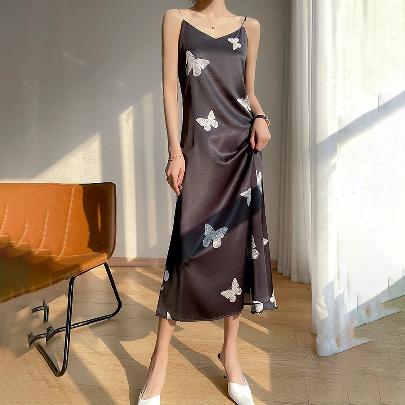 2023 Summer New Simple Style Silk Loose Sleeveless Outer Wear Off Shoulder Style Printed Strap Long Dress