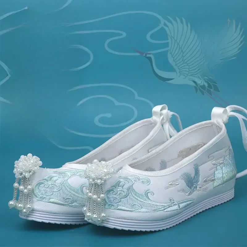 

Summer Original Ancient Hanfu Dress Embroidered Shoes Elegant Pearl Tassel Inner Heightening Cloth Shoes Carnival Accessories