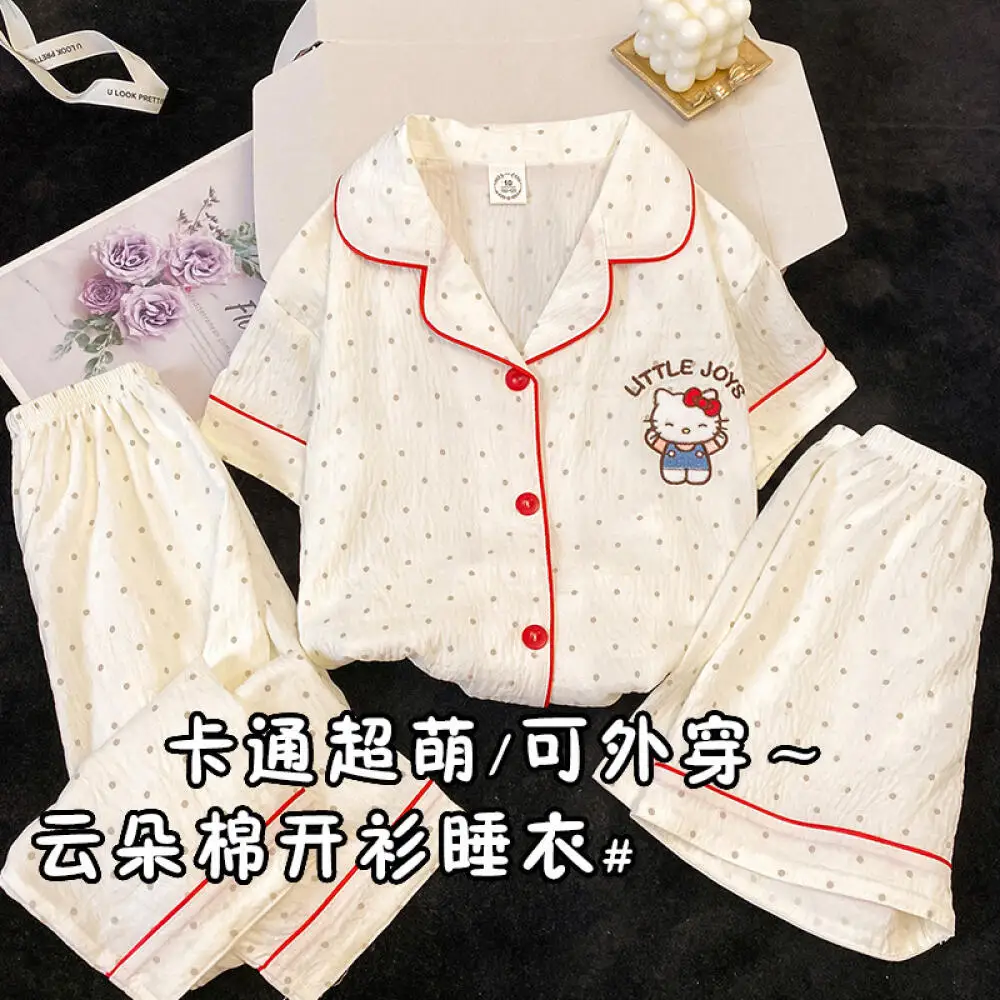 

Детские пижамные комплекты Hello Kitty из 3 предметов, уютная модная повседневная одежда с мультяшным принтом, дышащая легкая одежда для сна с короткими рукавами