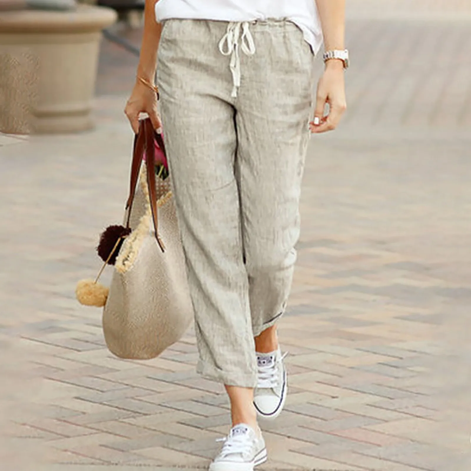 

Ladies Casual Ninth Pants Summer Baggy Elastic Waist Women's Cotton And Linen Drawstring Plus Size Crop Pants Slacks Joggers