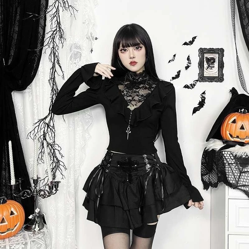 Y2k الظلام القوطية خمر الدانتيل المرقعة Hotsweet كم طويل تي شيرت 2000s Harajuku سليم أنيق مثير مضيئة كم تيز الخريف