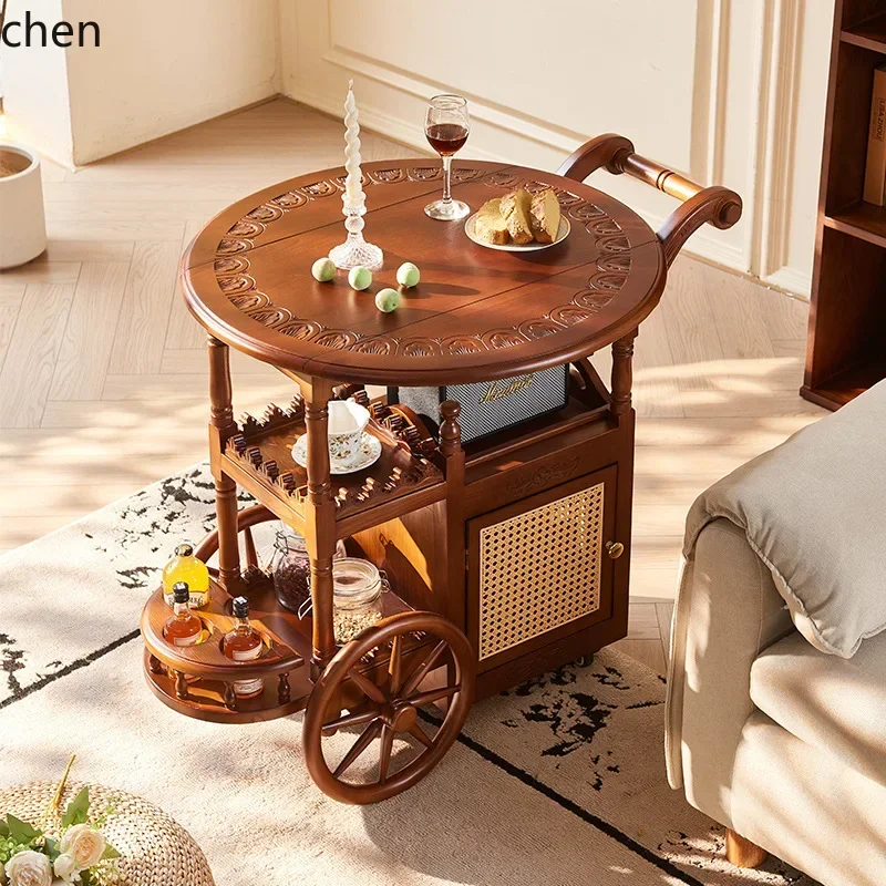 y8-  Solid Wood Wine Rack Cart Retro Movable Trolley Coffee Table Folding Desktop Household Small Tea Cart