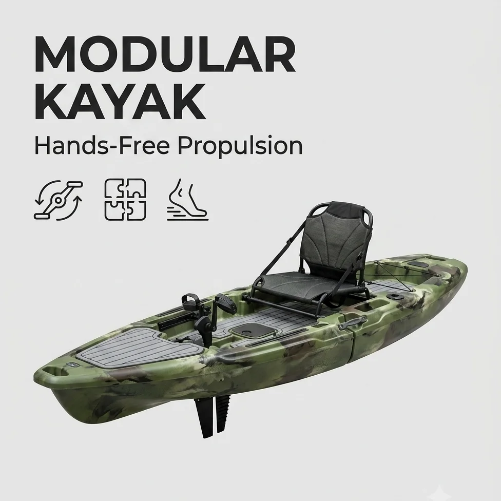 Modular Pedal Kayak, 10ft Sectional Detachable Hull, Hands-Free Fin Propulsion, Rotomolded HDPE, for Lake River Ocean Angling