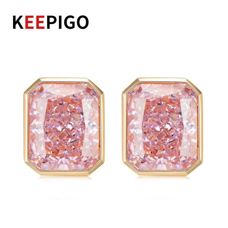 

KEEPIGO S925 Sterling Silver 8*10mm Pink Yellow High Carbon Diamond Square Earring For Women Sparkling Luxury Fine Jewelry RA175