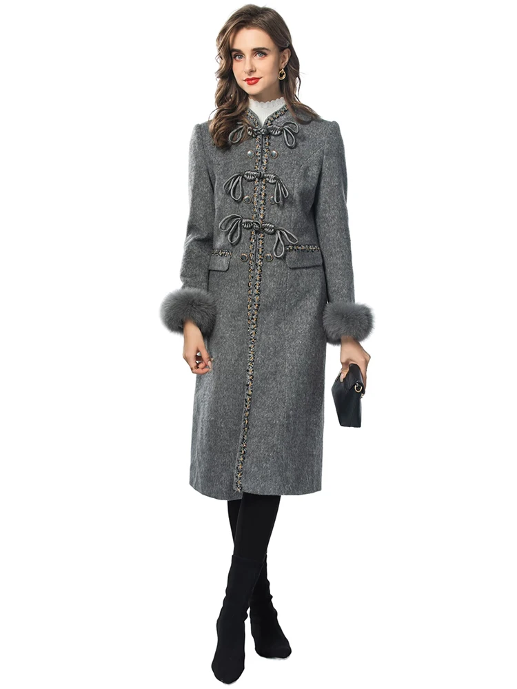 Seasixiang Stilista Autunno Cappotto di tweed di lana Donna Colletto alla coreana Piume Maniche lunghe Capispalla con fibbia quadrante vintage