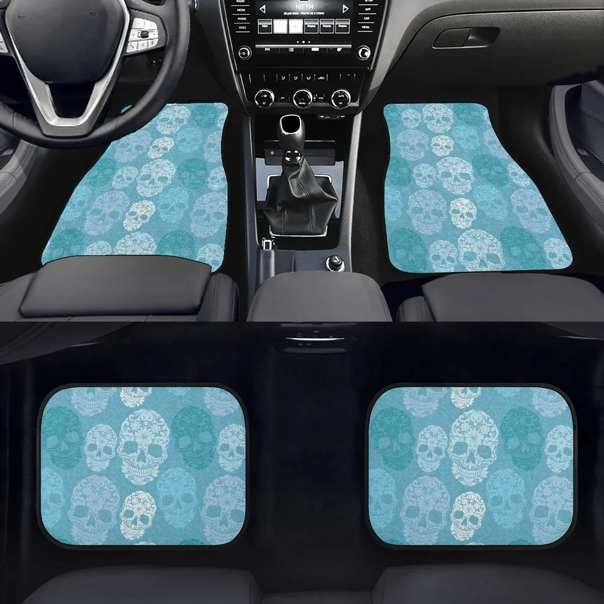 Universal Vulcanized Rubber Sky Blue Cartoon Cute Skull Print Anti-dirty Anti-slip Protective Interior Car Foot Mat Carpet Pad