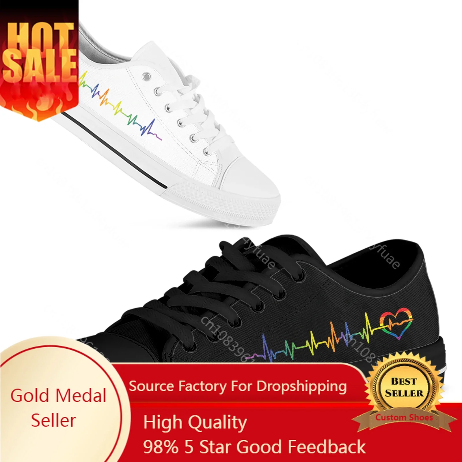 

LGBT Pride Heartbeat Black Women Canvas Low top Vulcanized Sneakers Rainbow Lace-up Flat Shoes zapatos mujer designer