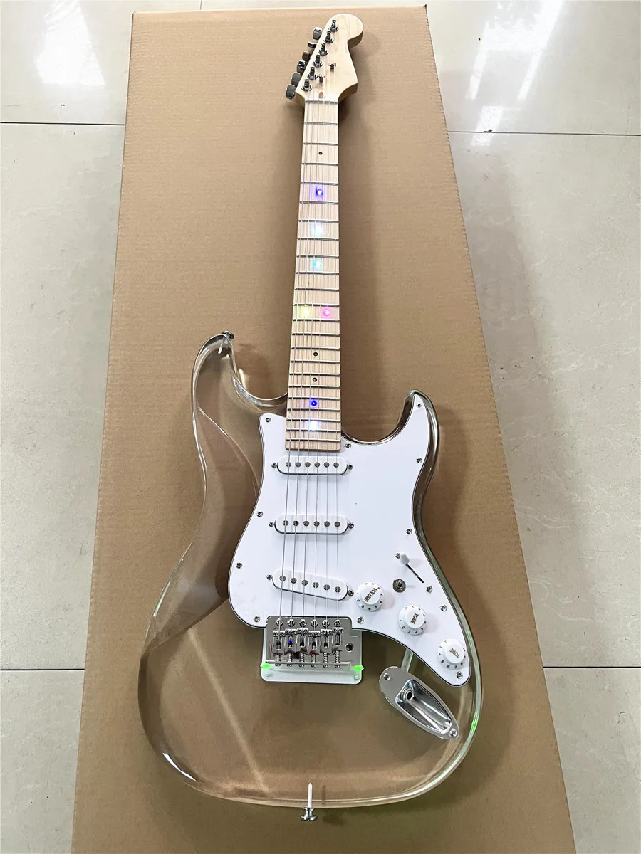 High quality classic acrylic clear Plexiglas crystal 6-string electric guitar with colored lights maple neck Free shipping