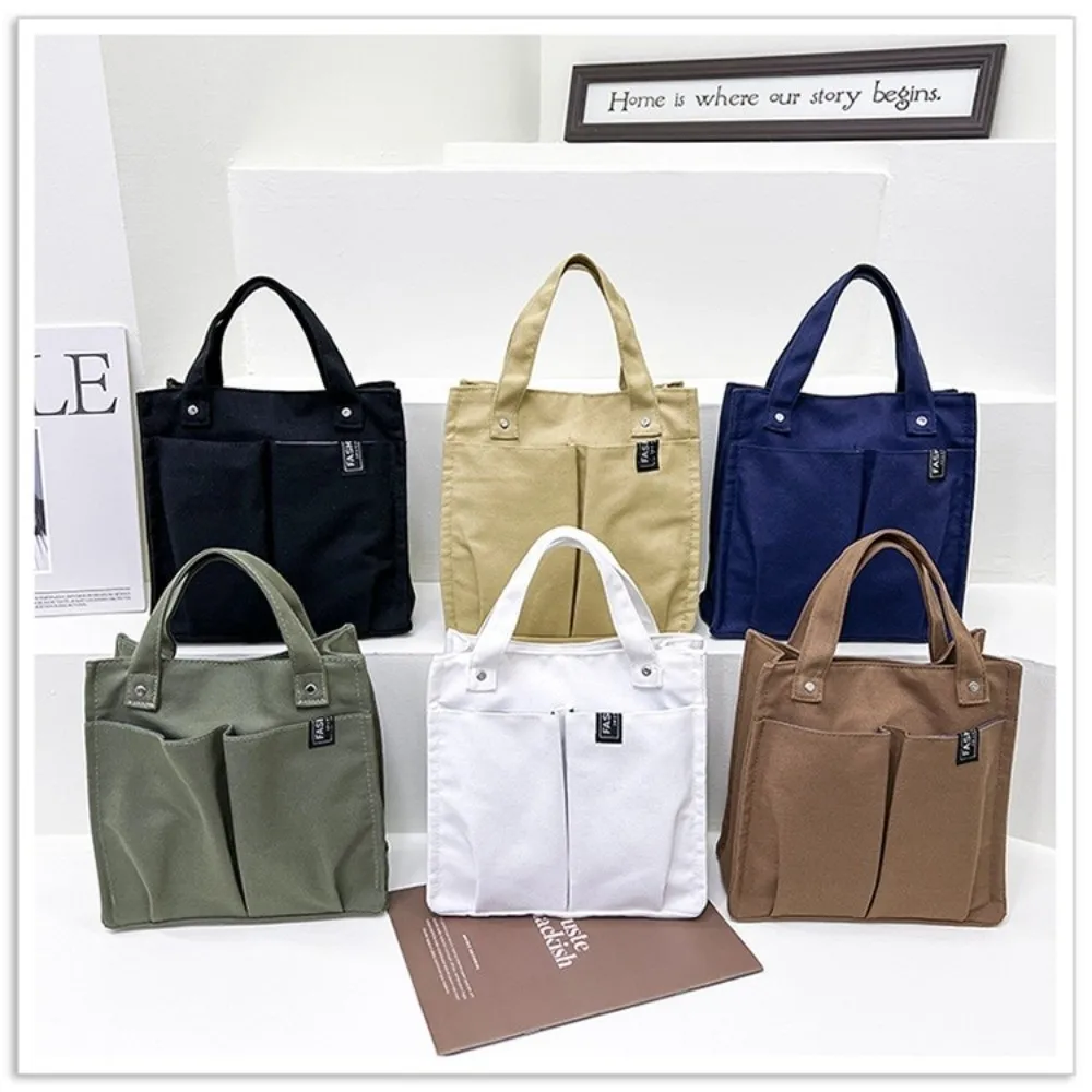 

Casual Style Solid Color Canvas Handbag Multi Pocket Durable Handle Bag Eco-Friendly Lightweight Lunch Box Bag Daily Use
