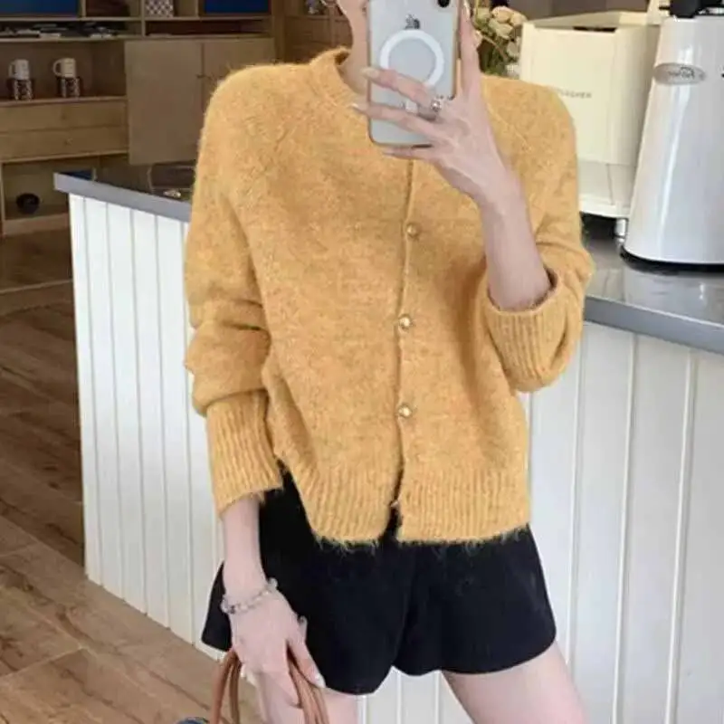

Autumn Winter Women S Knitted Jacket Solid Color Fuzzy Long Sleeve Button Sweater Cardigan Casual O Neck Loose Soft Knitwear