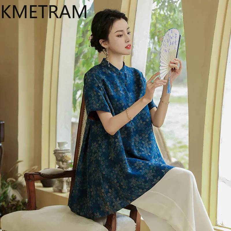 KMETRAM 100% Mulberry Silk Xiangyunsha Blouese for Women 2026 Summer Loose Mid-length Short Sleeved Floral Blouse Blusa Feminina