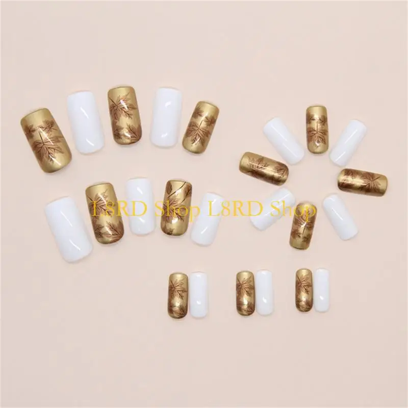 L8RD 24Pcs Square Press On Full Cover Gold and White Maple Leaves Design Glossy Full Cover False for Women