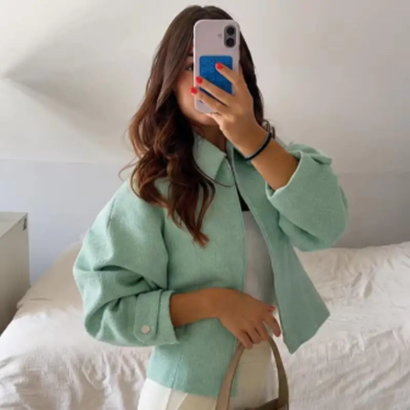 Cropped Tweed Jacket Women Demi-Season Zipper-Up Long Sleeve Coat Female Mint Green Textured Outerwear Streetwear Slim  Coats
