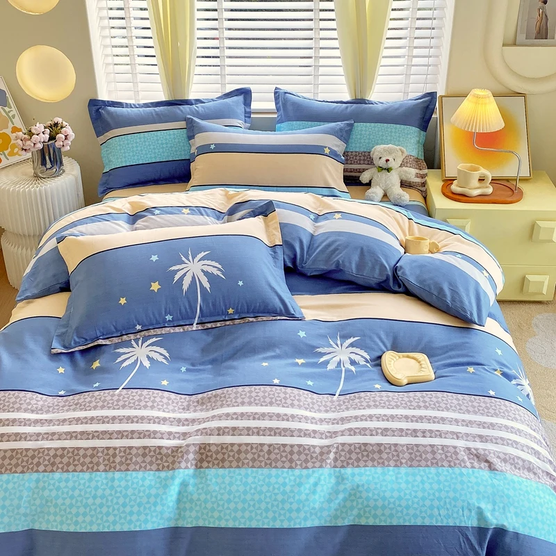 100% Cotton Blue Striped Duvet Cover Set Skin-friendly Comforter Cover Star and Plant Pattern Home Bedding with 2 Pillowcase